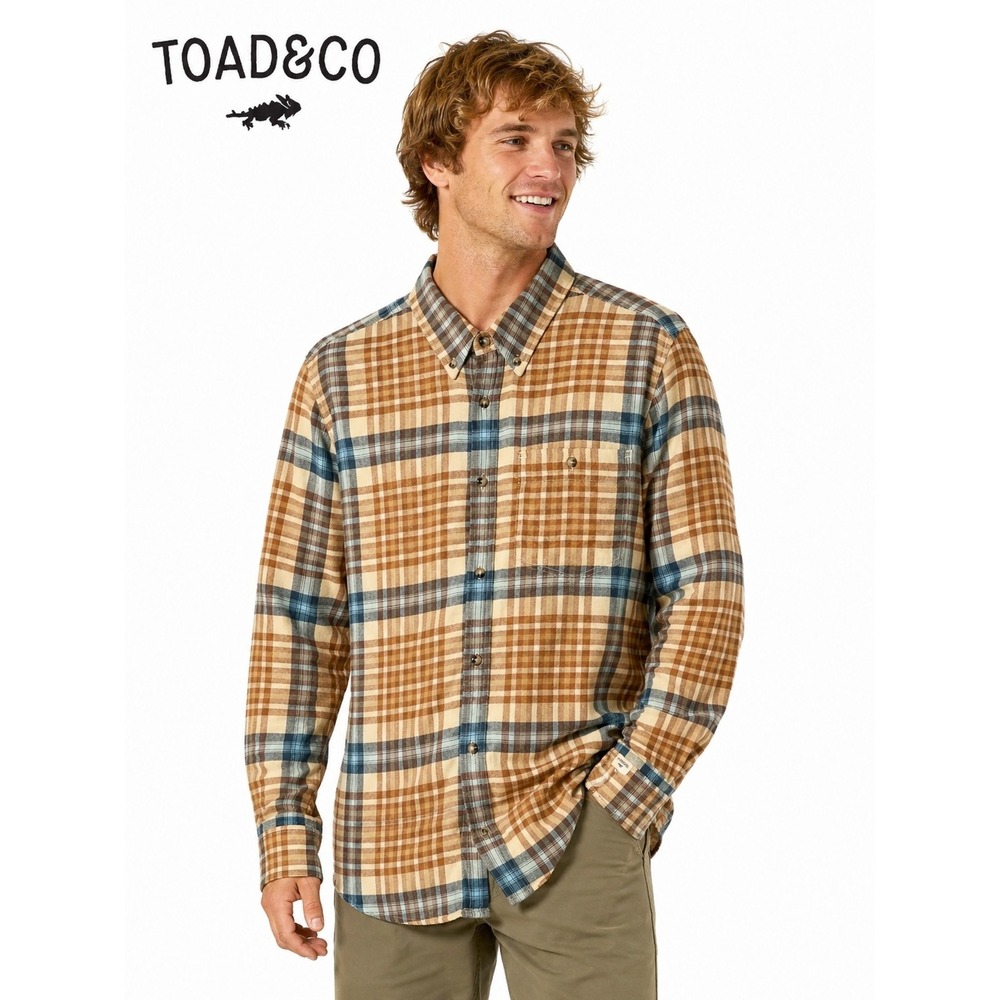 Toad&Co Plaid Flannel Button Front Shirt Medium Brown Blue Organic Cotton